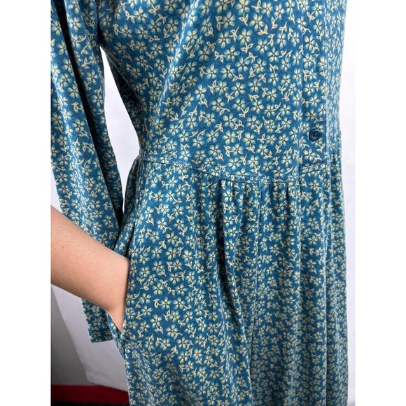 VTG LL Bean Girls Small Long Sleeve Midi Dress Green Floral Side Pockets - Picture 12 of 16